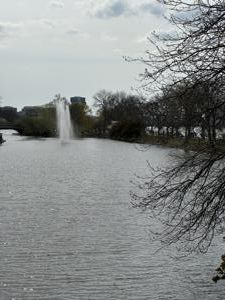 The Centennial Fountain spraying water with the city in the background